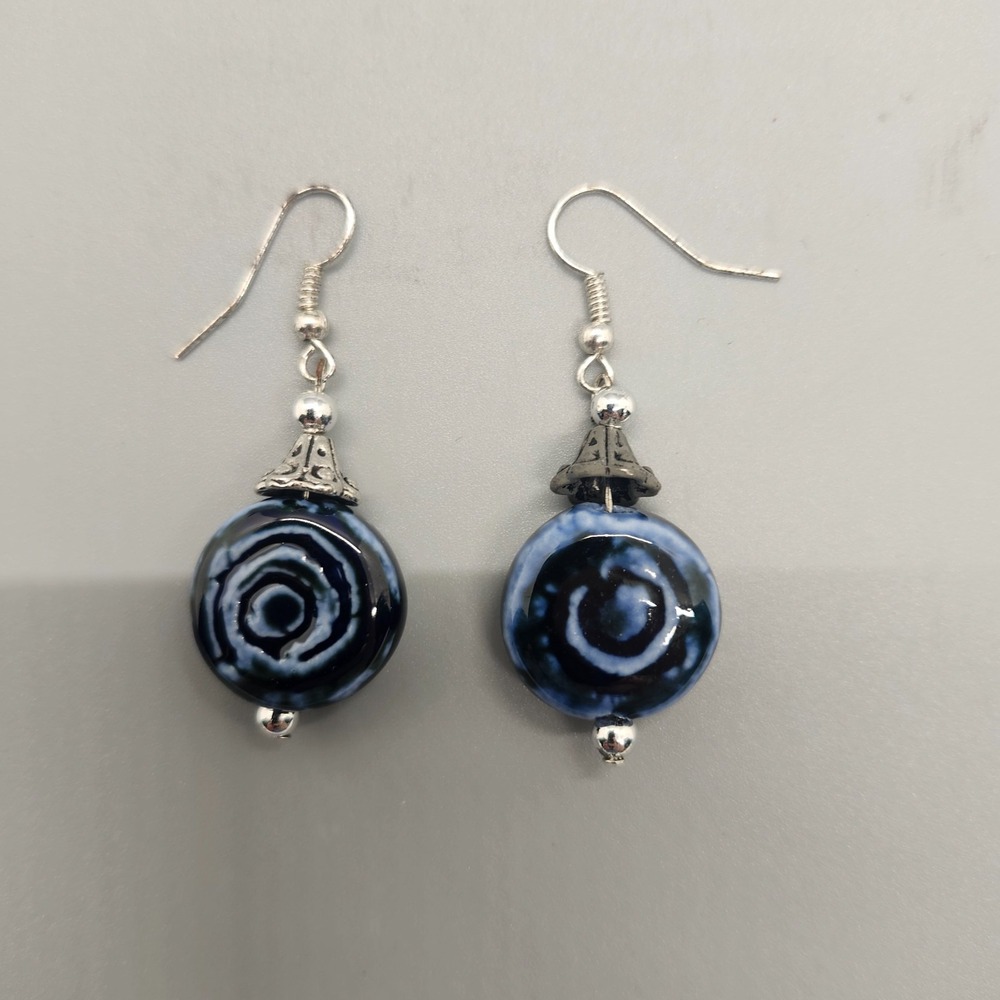 Silver And Ceramic Swirl Glaze Post Earrings 1 1/2" Long Cottagecore Blue
